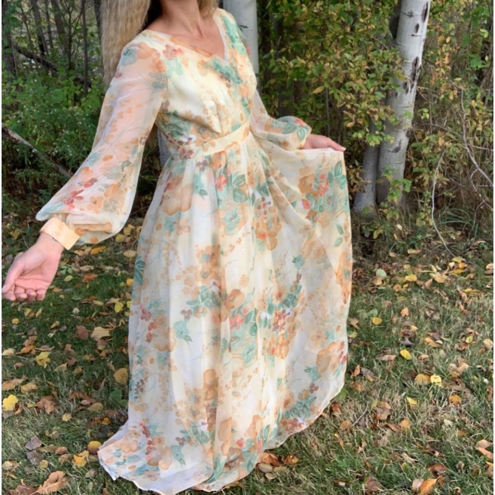 Vintage 70s Chiffon Yellow Floral Floor Length Dress Sz 14 By Union‎ Made